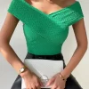 SHEIN Textured Wrap Cross Off Shoulder Tee