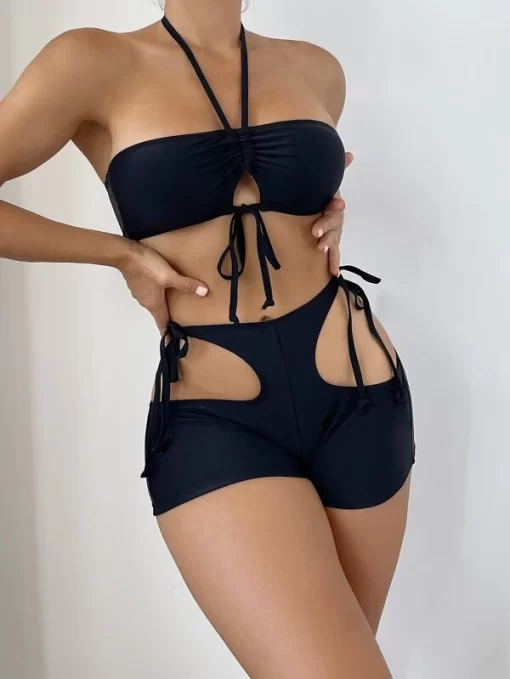 SHEIN Cut Out Tie Front Halter Shorts Bikini Swimsuit
