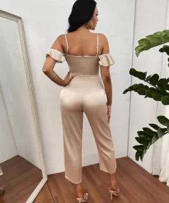 Alternative view of SHEIN SXY Cold Shoulder Ruffle Trim Satin Jumpsuit