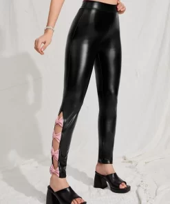 SHEIN Bow Side Split Hem PU Leather Skinny Pants