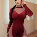 SHEIN Sheer Mesh Insert Mock Neck Unitard Romper