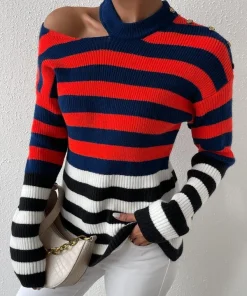 SHEIN Striped Pattern Cut Out Drop Shoulder Sweater