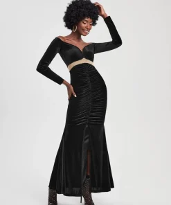 SHEIN X Dayra Couture Off Shoulder Contrast Mesh Ruched Split Thigh Velvet Dress