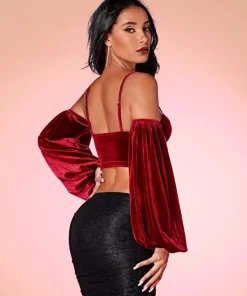 Alternative view of SHEIN BAE Cold Shoulder Rhinestone Detail Velvet Top