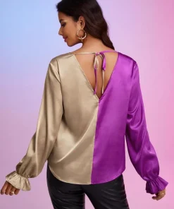 Alternative view of SHEIN BAE Colorblock Flounce Sleeve Satin Blouse
