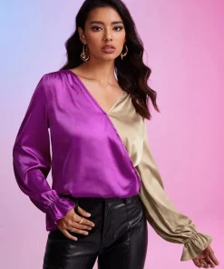 SHEIN BAE Colorblock Flounce Sleeve Satin Blouse