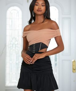 SHEIN Off Shoulder Two Tone Hook And Eye Asymmetrical Hem Top