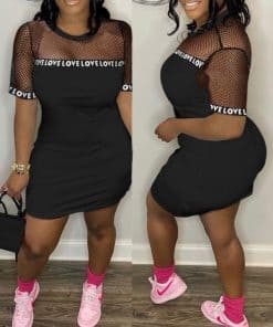 CHICME Letter Pattern Fishnet Patch T-shirt Dress
