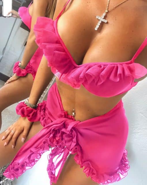 CHICME 3PCS Frill Hem Bikini Set With Cover Up Skirt