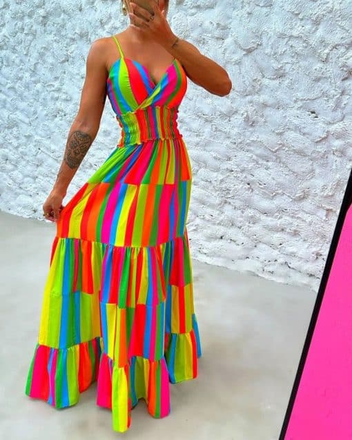 SHEIN Rainbow Stripe Print Halter Backless Maxi Dress