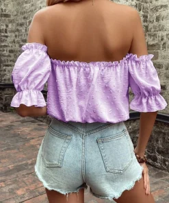 Alternative view of SHEIN VCAY Off Shoulder Frill Trim Knot Front Flounce Sleeve Blouse