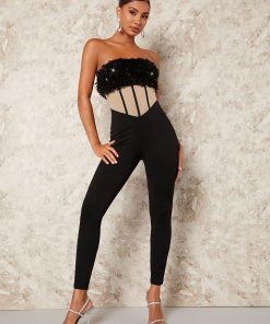 SHEIN BAE Fuzzy Trim Contrast Faux Fur Tube Unitard Jumpsuit