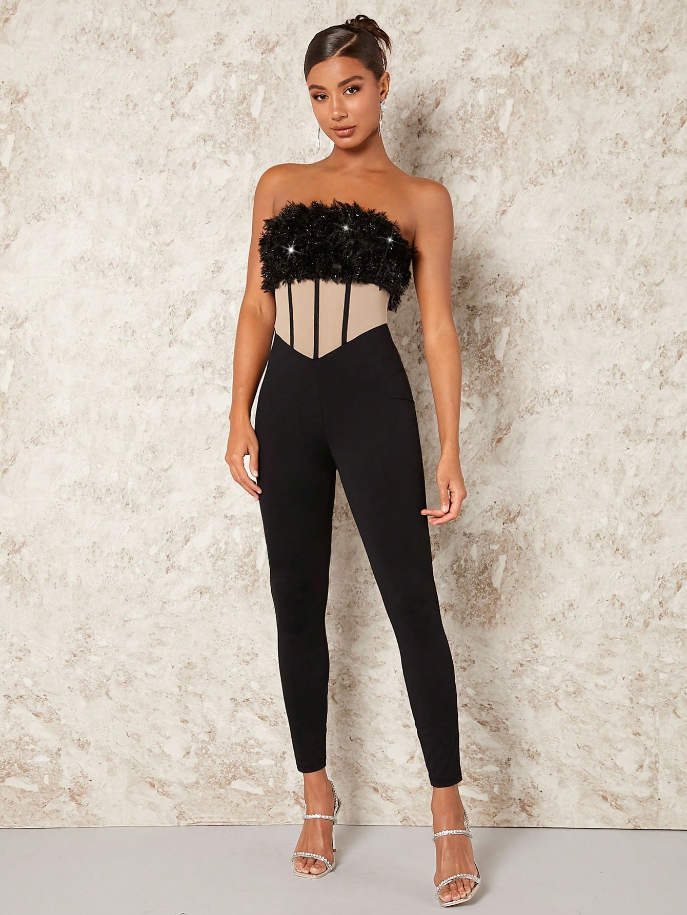 SHEIN BAE Fuzzy Trim Contrast Faux Fur Tube Unitard Jumpsuit - Image 3