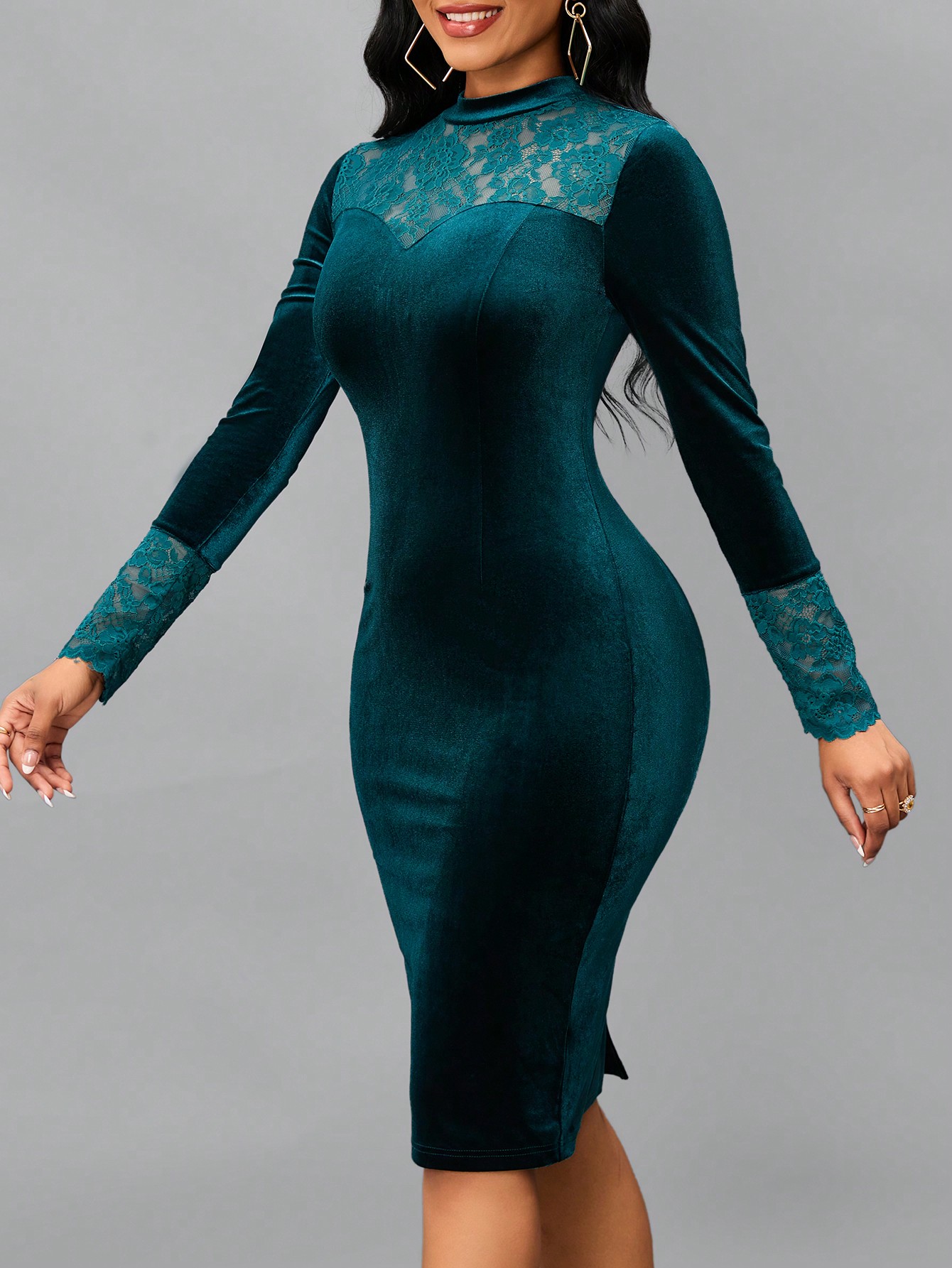 SHEIN Lady Contrast Lace Mock Neck Velvet Bodycon Dress - Image 4