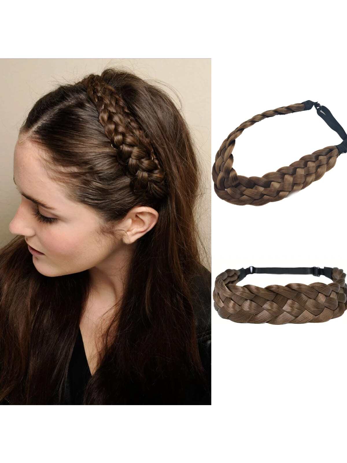 SHEIN Braid Wig Twist Headband Synthetic Braids Twist Elastic Headband With Adjustable Belt Braided Headband Hairpiece Hair Accessories For Women Girls