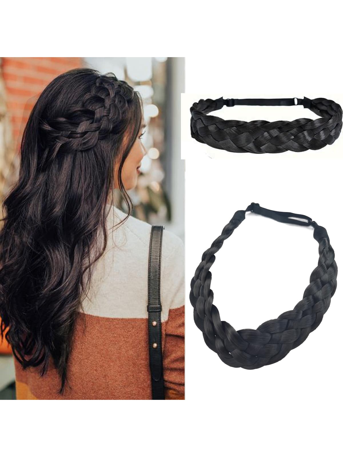 SHEIN Braid Wig Twist Headband Synthetic Braids Twist Elastic Headband With Adjustable Belt Braided Headband Hairpiece Hair Accessories For Women Girls