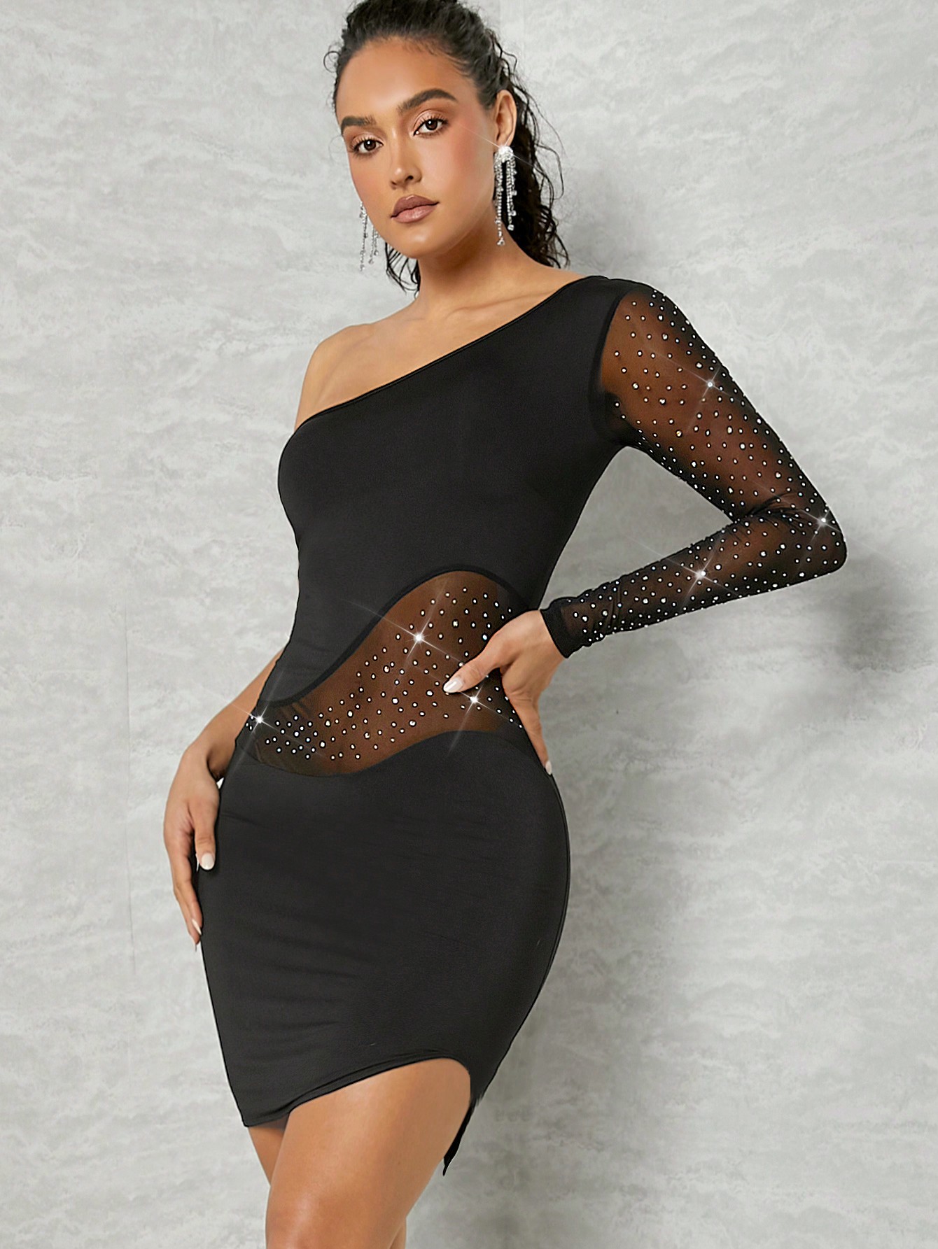 Shein Mienne One Shoulder Rhinestone Detail Mesh Insert Bodycon Dress