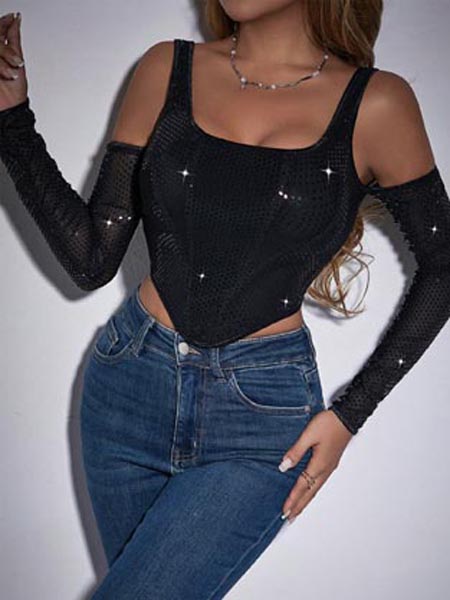 SHEIN BAE Cold Shoulder Asymmetrical Hem Mesh Top - Image 3