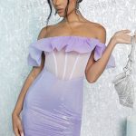 SHEIN BAE Off Shoulder Ruffle Trim Mesh Insert Bodycon Dress
