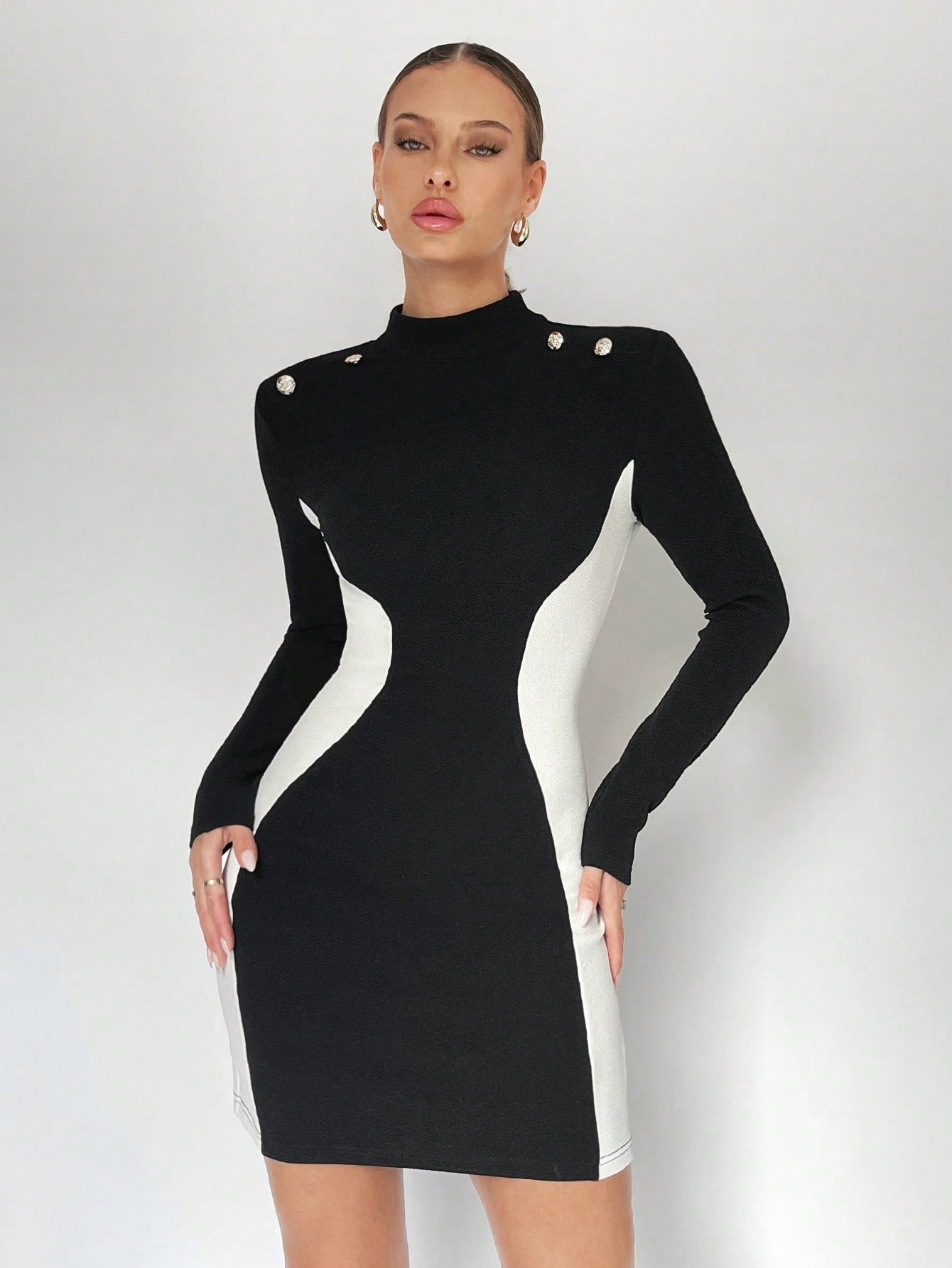 SHEIN BIZwear Women's Color Block Stand Collar Bodycon Dress - Image 3