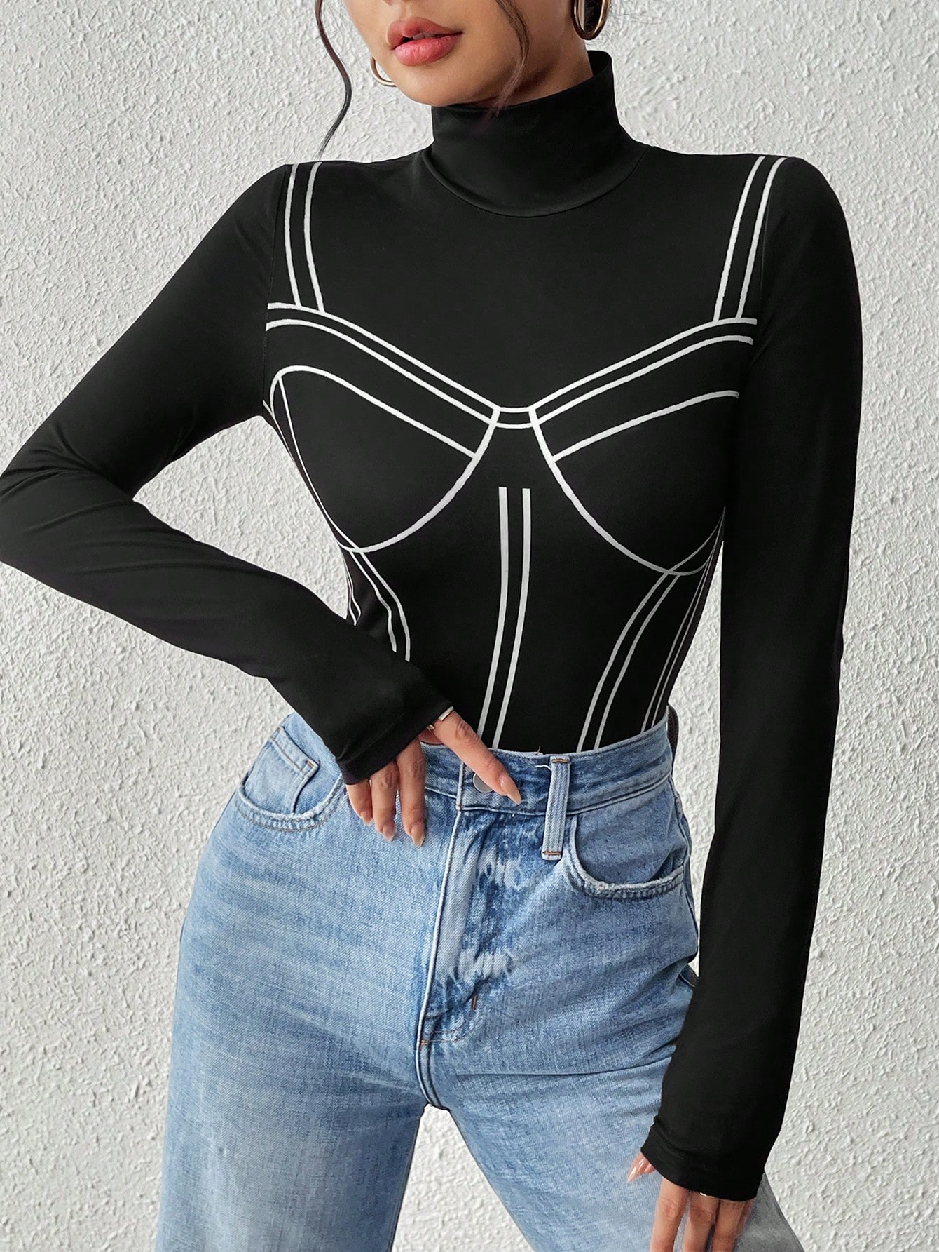 SHEIN Essnce Colorblock Contrast Trim Long Sleeve Bodysuit