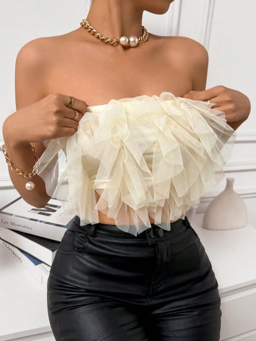 SHEIN Privé Women's Strapless Fringed Top With Ruffle Hem