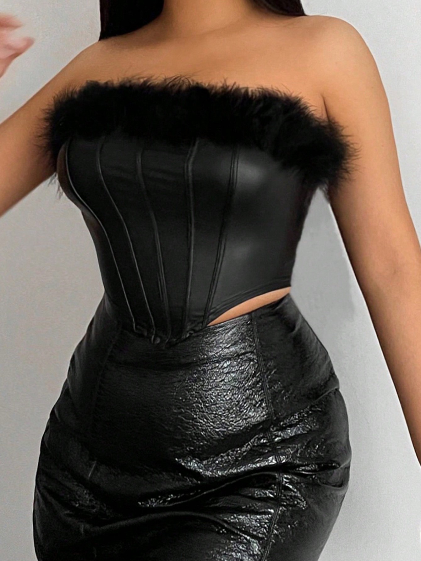 SHEIN SXY Fuzzy Trim Asymmetrical Hem PU Leather Tube Top