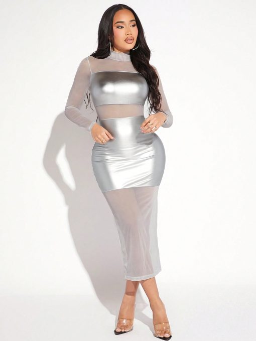 SHEIN SXY Mesh Panel Pu Leather Dress