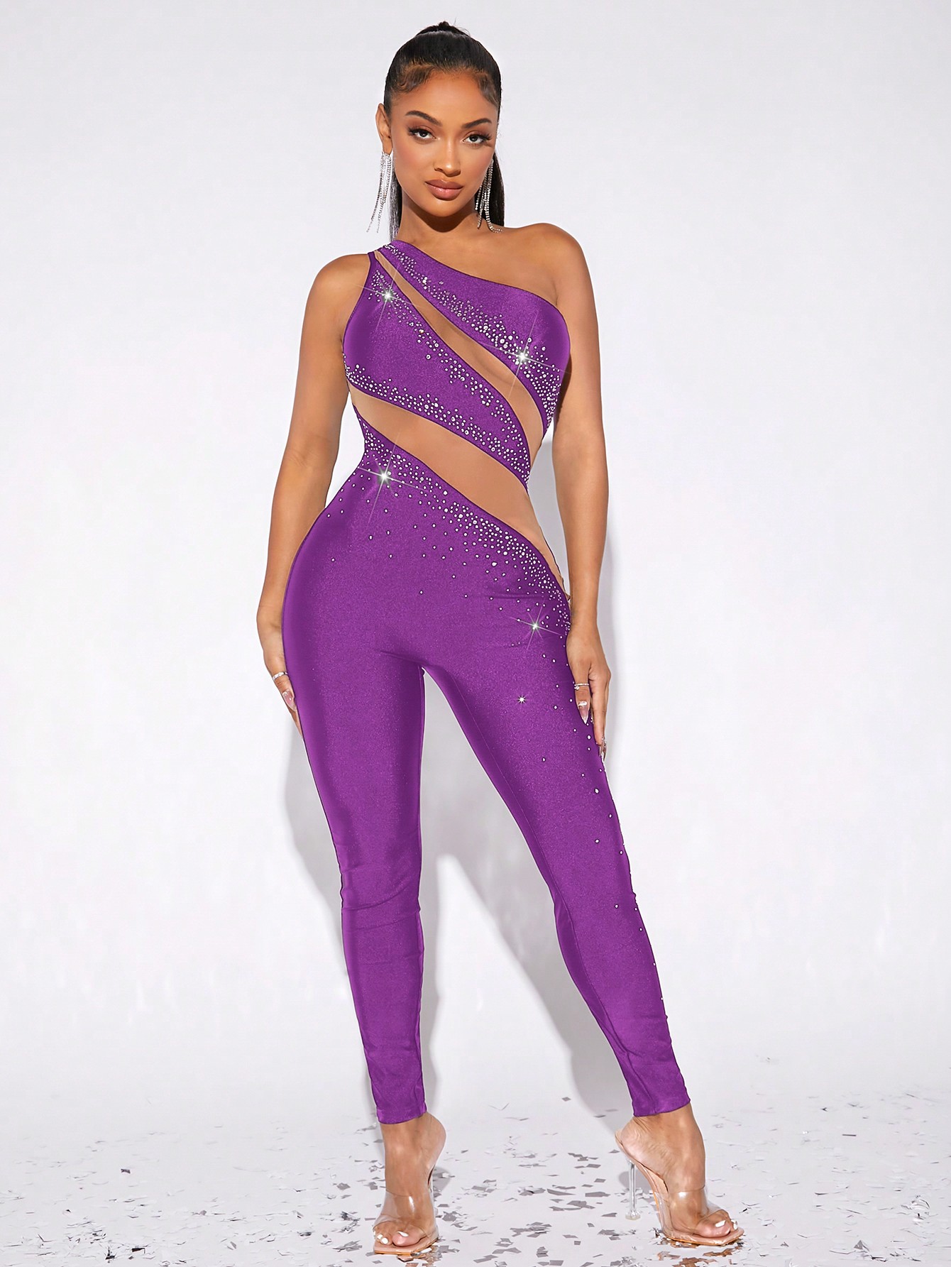 SHEIN SXY One Shoulder Rhinestone Mesh Insert Unitard Jumpsuit