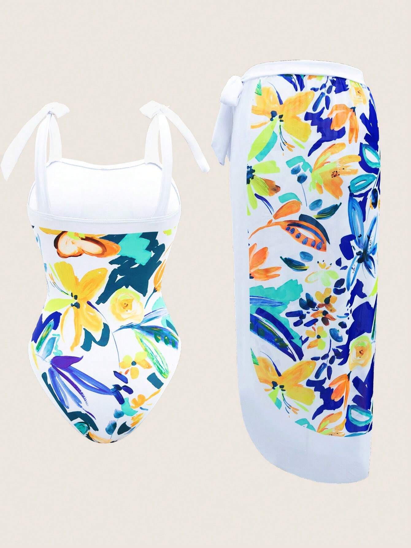 SHEIN Swim Chicsea Floral Printed Slim Fit One-Piece Swimsuit With Cover-Up Skirt Suit - Image 2