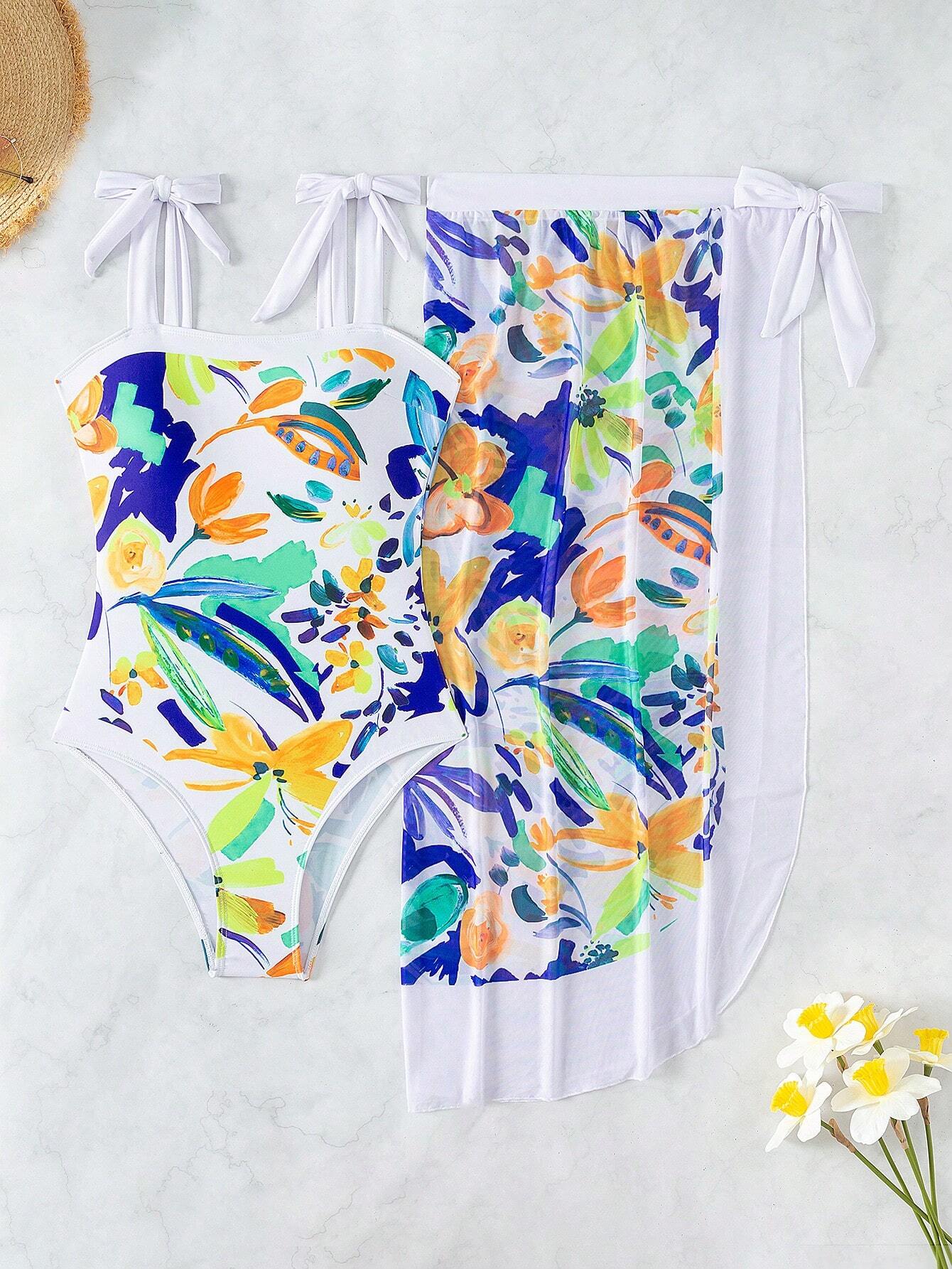 SHEIN Swim Chicsea Floral Printed Slim Fit One-Piece Swimsuit With Cover-Up Skirt Suit - Image 3