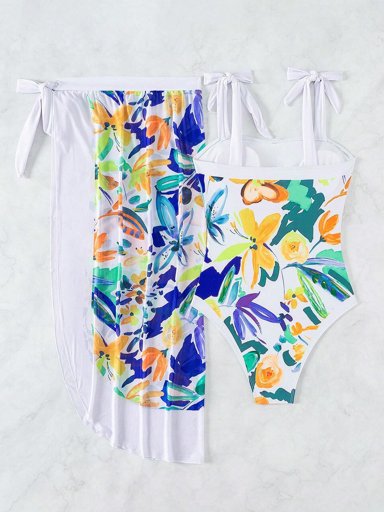 SHEIN Swim Chicsea Floral Printed Slim Fit One-Piece Swimsuit With Cover-Up Skirt Suit - Image 4