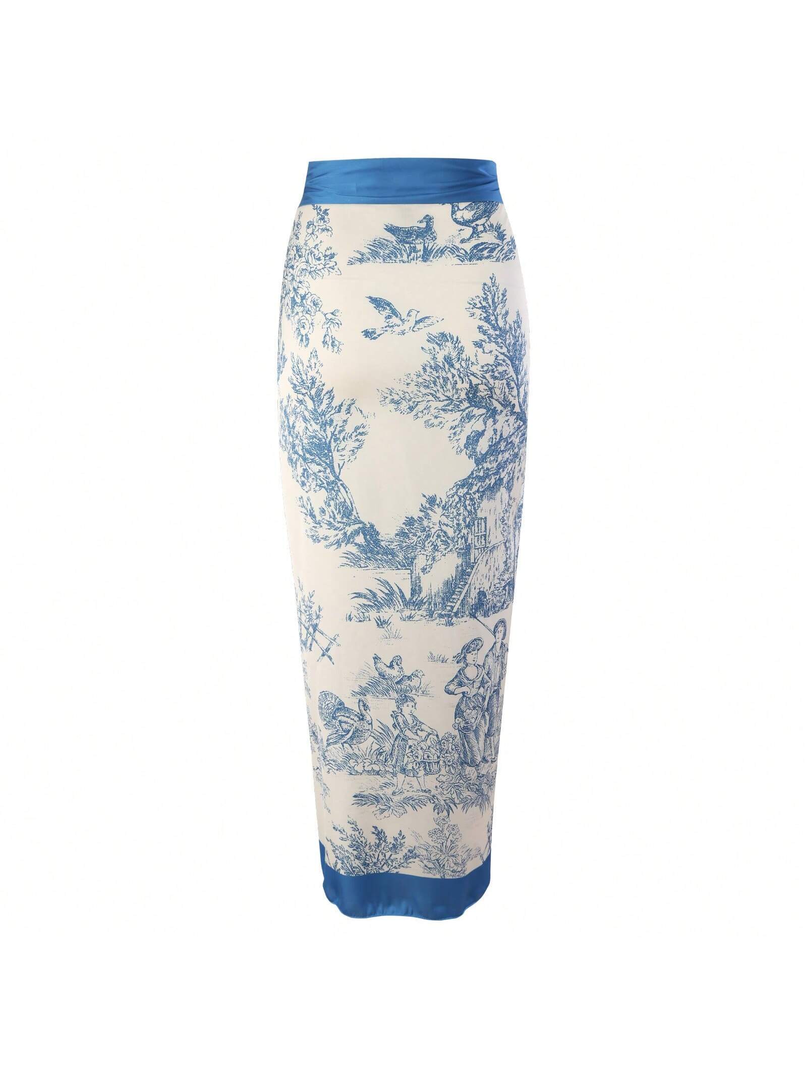 SHEIN French Vintage American Style Printed Swimsuit With Cover-Up Dress For Beach & Spa Vacation - Image 3