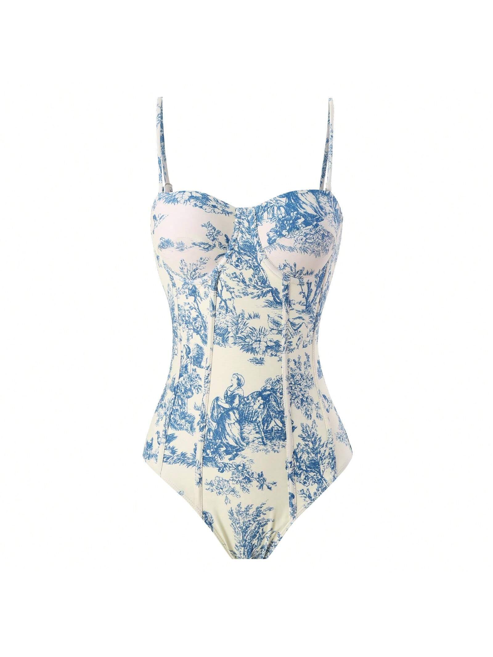 SHEIN French Vintage American Style Printed Swimsuit With Cover-Up Dress For Beach & Spa Vacation - Image 4