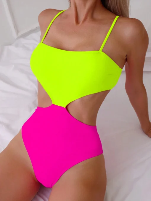 SHEIN New Contrast Color High-End Vacation Style Hollow Out One-Piece Cami Swimsuit For Women