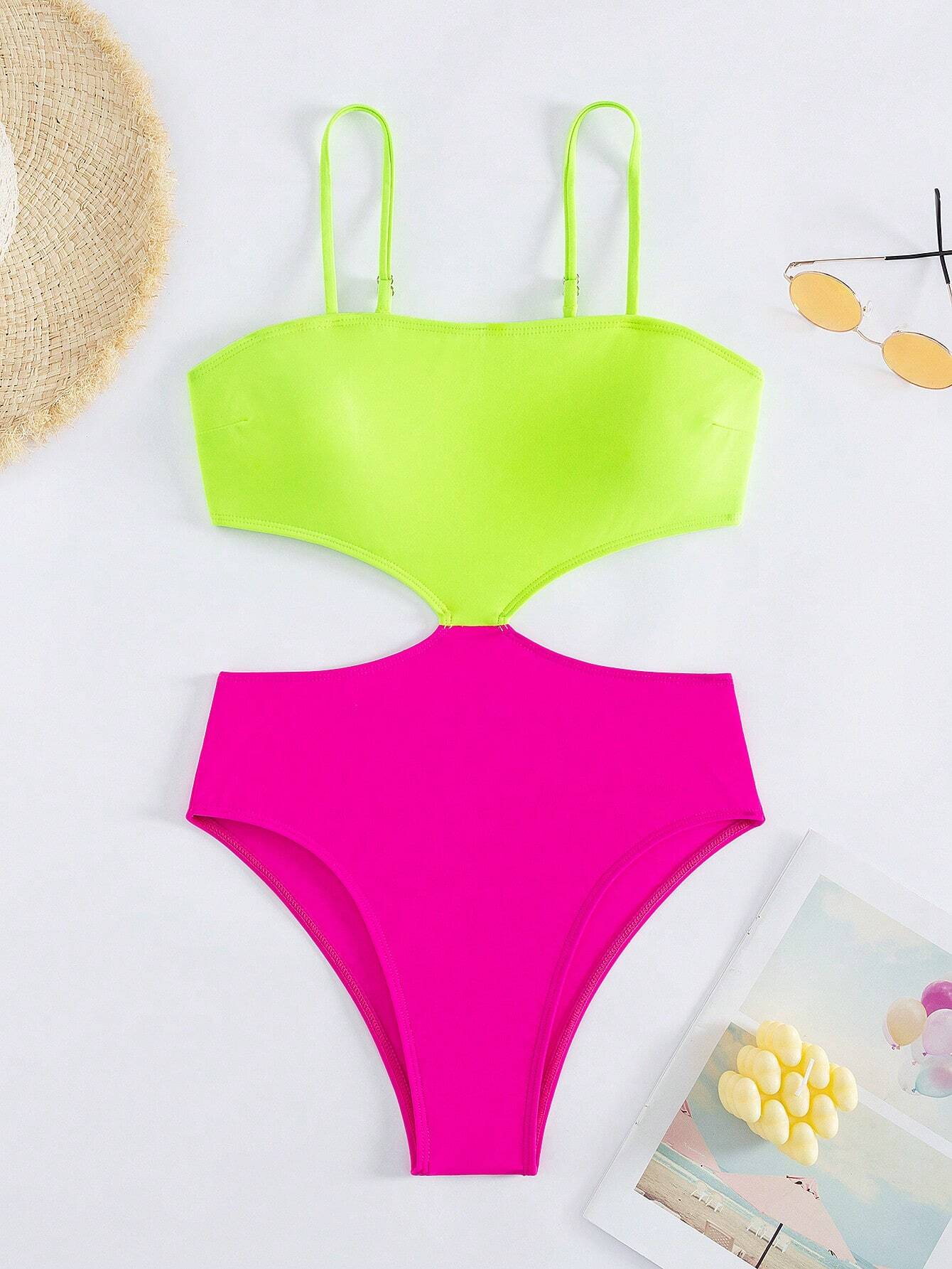SHEIN New Contrast Color High-End Vacation Style Hollow Out One-Piece Cami Swimsuit For Women - Image 2