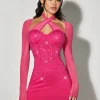 SHEIN BAE Women's Cross Halterneck Chest Dress With Draped Waist, Rhinestone Decoration, Mesh Splicing And Irregular Hem, Gorgeous And Sexy Pink Dress
