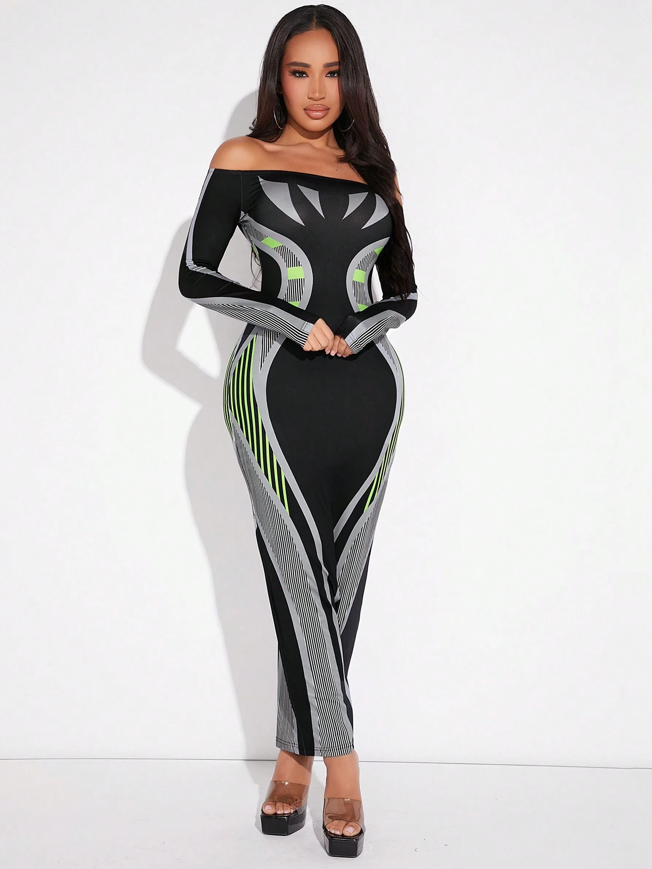 SHEIN SXY Women's Off Shoulder Digital Print Bodycon Dress
