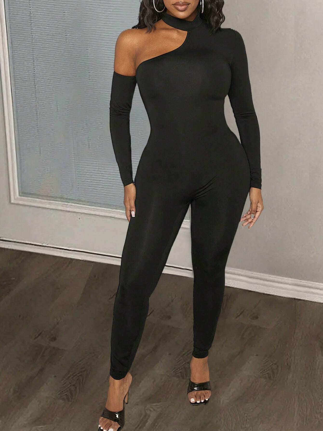 SHEIN Slayr Women's Asymmetrical Neckline Long Sleeve Bodycon Jumpsuit