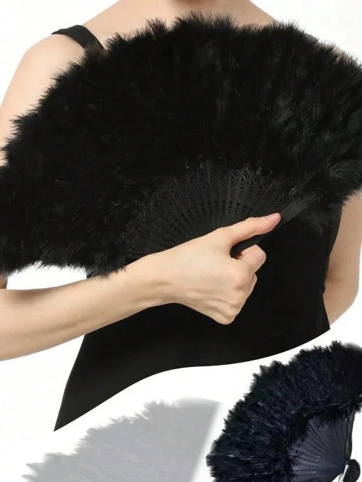 SHEIN 1pc Black Feather Fan, Adult & Children Party Performance Fan. 21 Feathers, Velvet Material, Suitable For Dance & Photographic Props