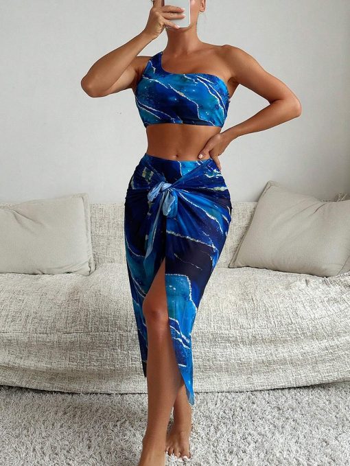 SHEIN 3pcs/Set Asymmetric Neckline Marble Print Knotted Separated Bikini Swimming Suit