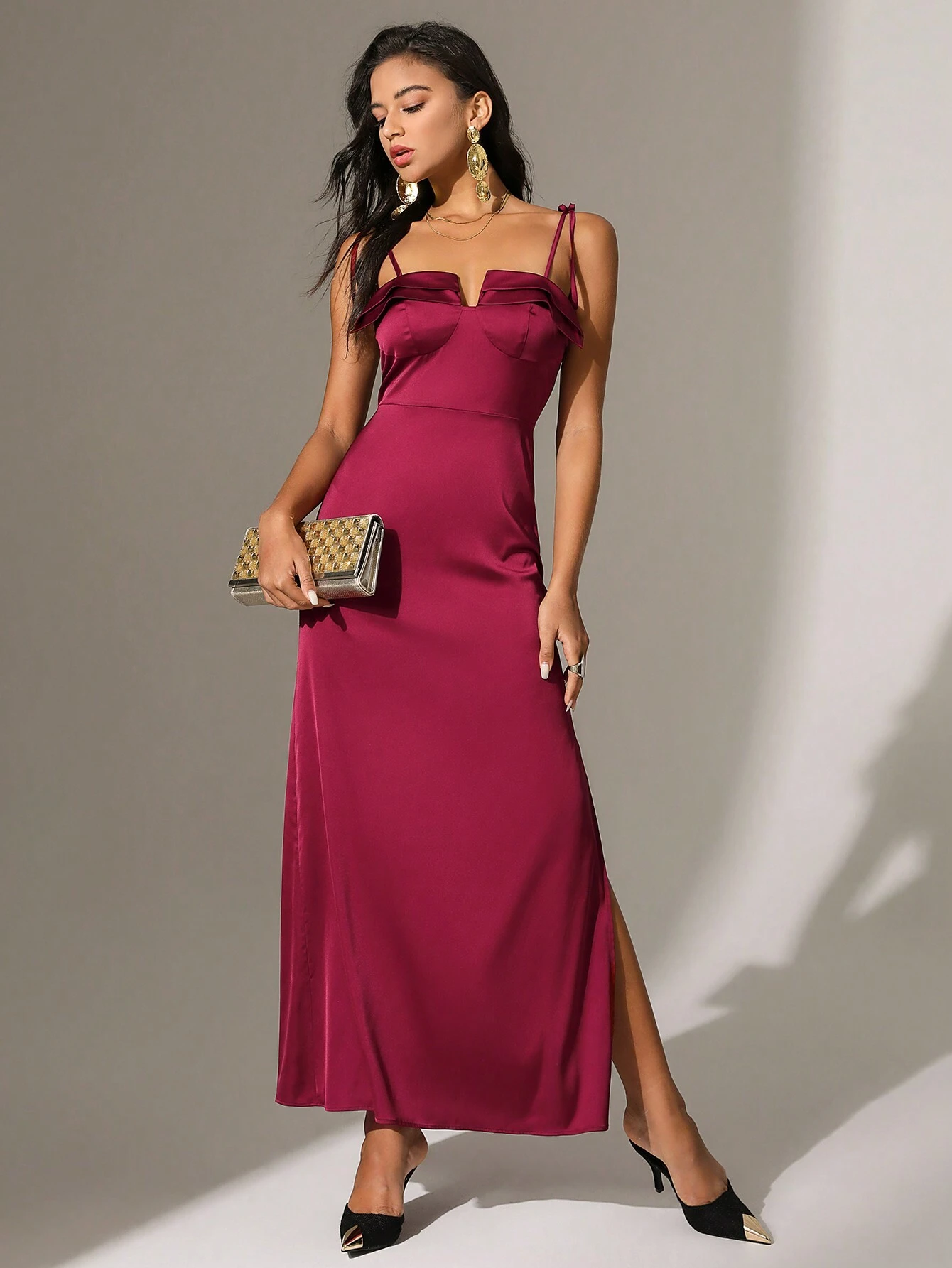 SHEIN Anewsta Solid Color Spaghetti Strap Dress Notched Collar And Side Slits - Image 3