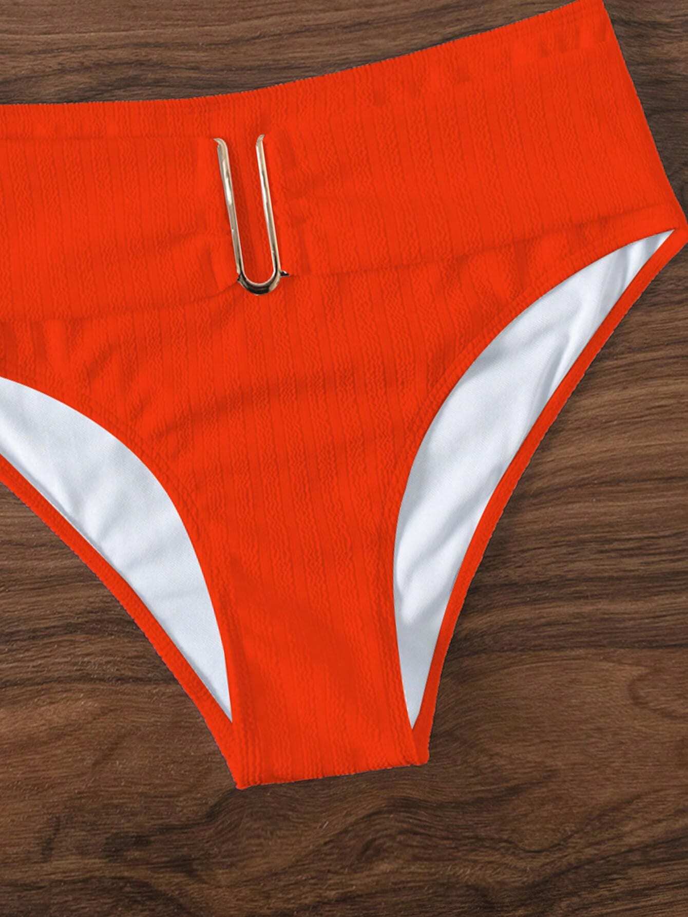 SHEIN Ribbed Bikini Set V Wired One Shoulder Bra & High Waisted Bottom 2 Piece Bathing Suit - Image 4