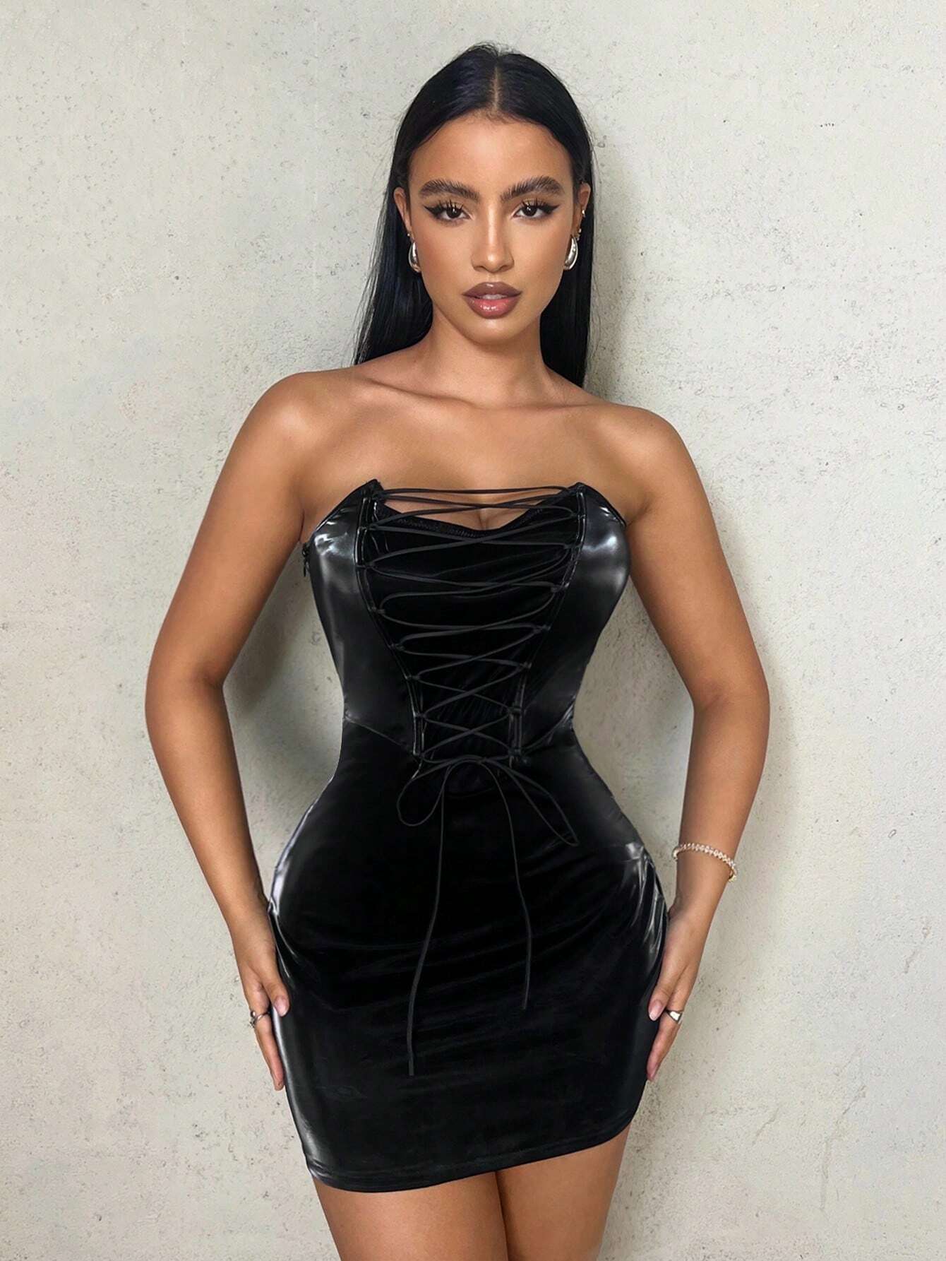 SHEIN SXY Lace Up Front Tube Bodycon Dress Valentine Day Dress Spring Women Clothes Birthday Outfit