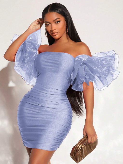 SHEIN SXY Women's Bodycon Off-shoulder Dress With Exaggerated Ruffle Hem