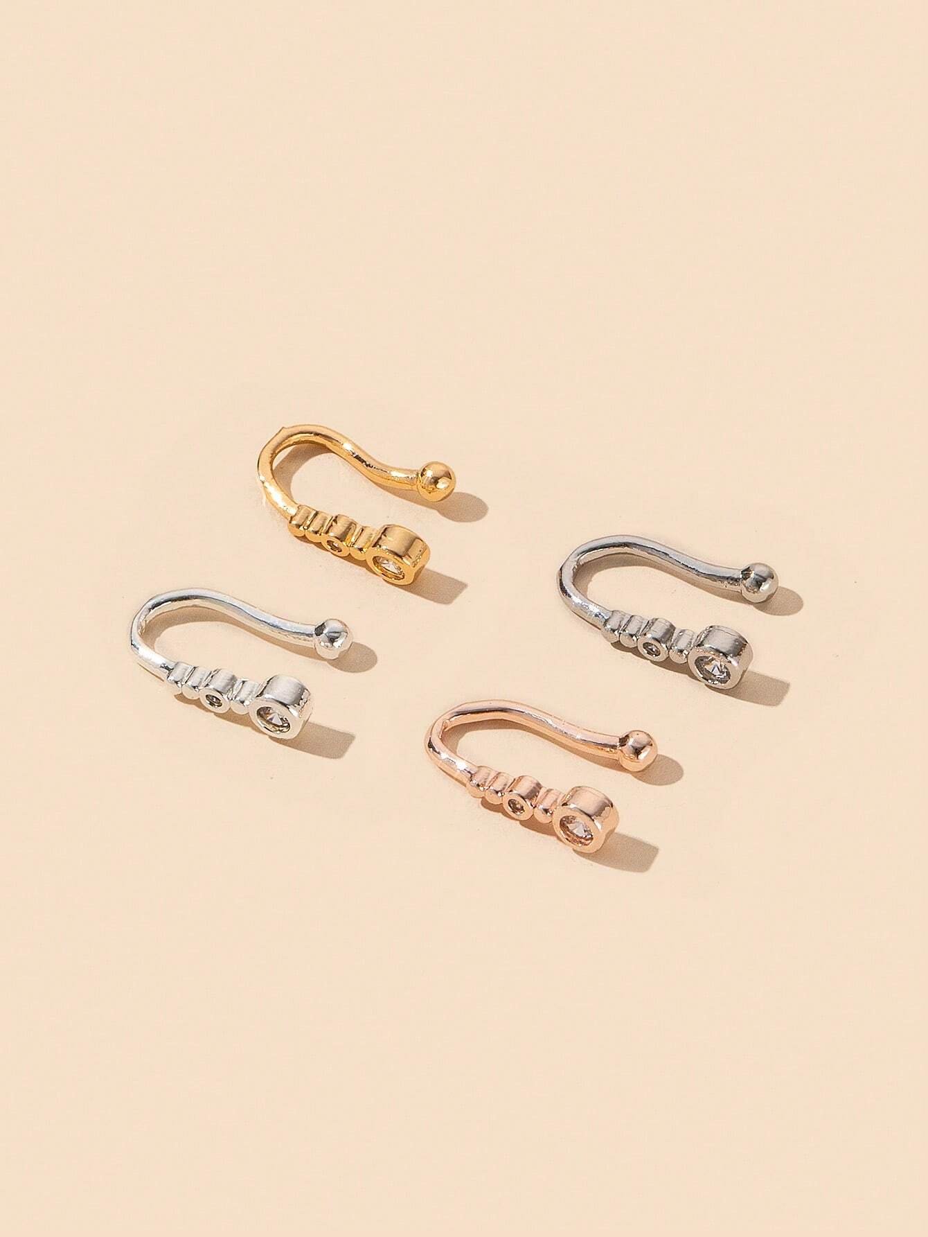 SHEIN 4-Piece Set/Charming Exquisite Copper Gourd Shape Artificial Zirconia False Puncture Non Perforated Nose Ring Women's Nightclub Party Birthday Gift - Image 4