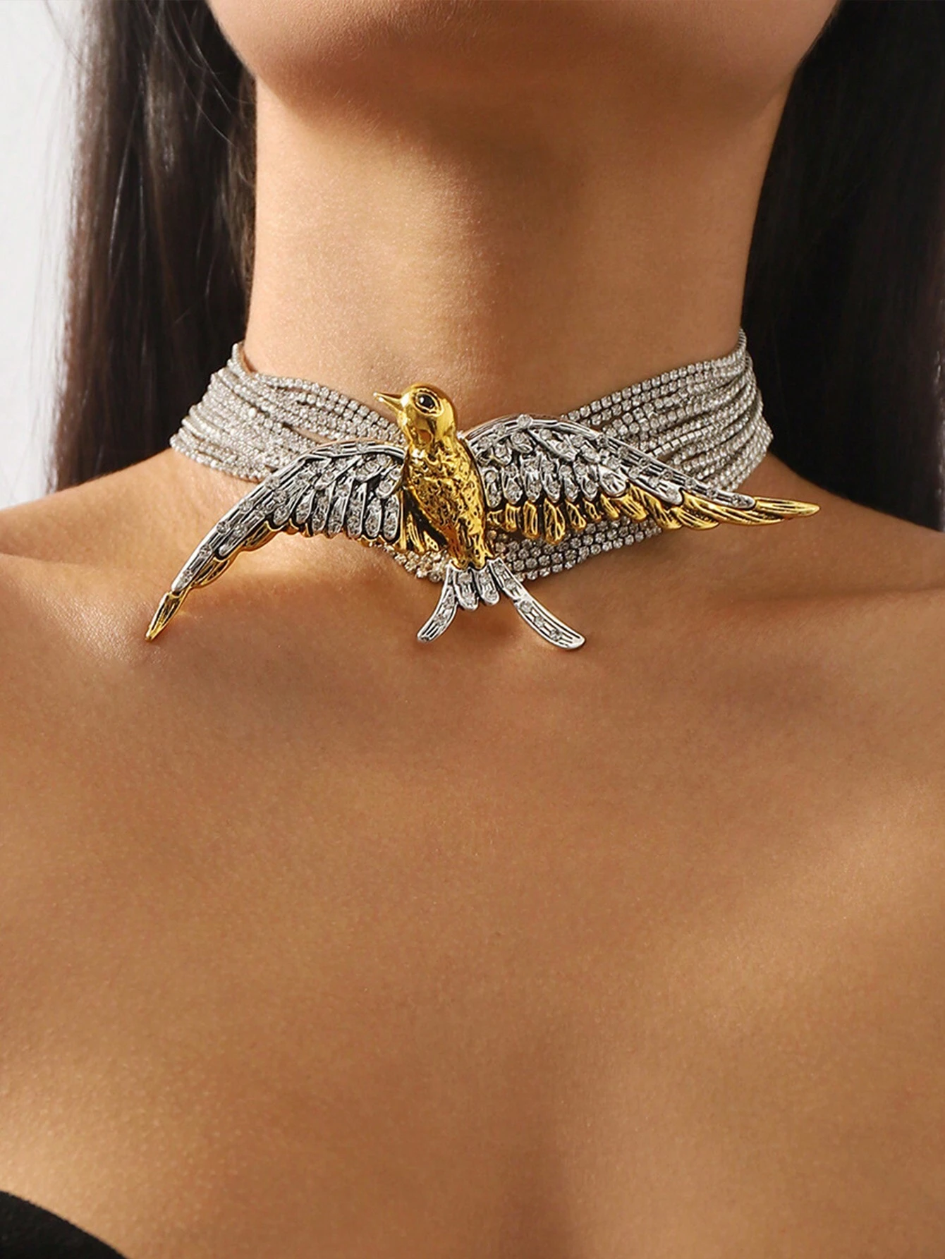 European Fashion Exaggerated, Multi-Layered, Full Diamond Encrusted Flying Bird & Swallow Necklace For Women With Unique Vintage Charm