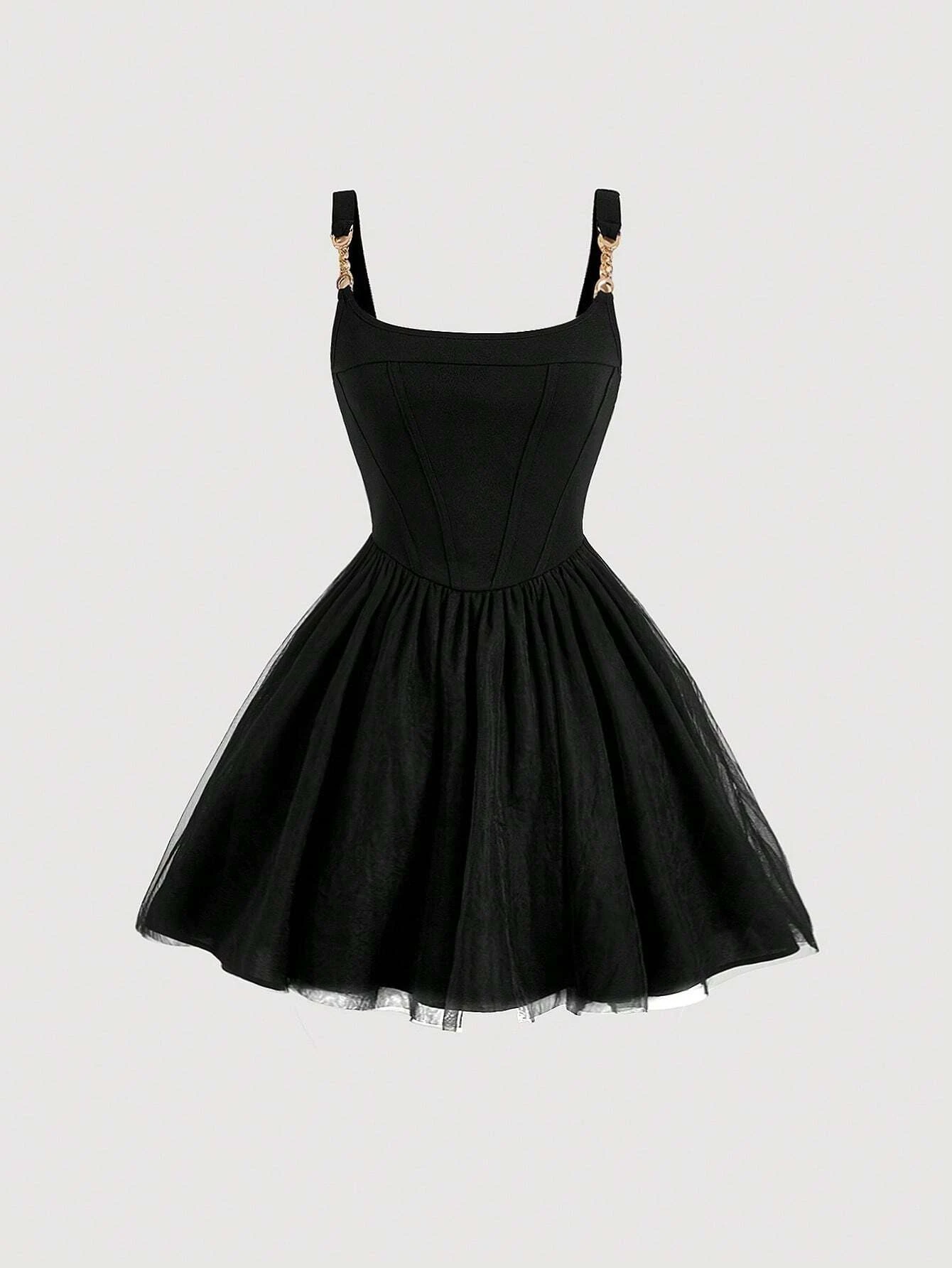 SHEIN MOD Chain Shoulder Mesh Overlay Cami Dress