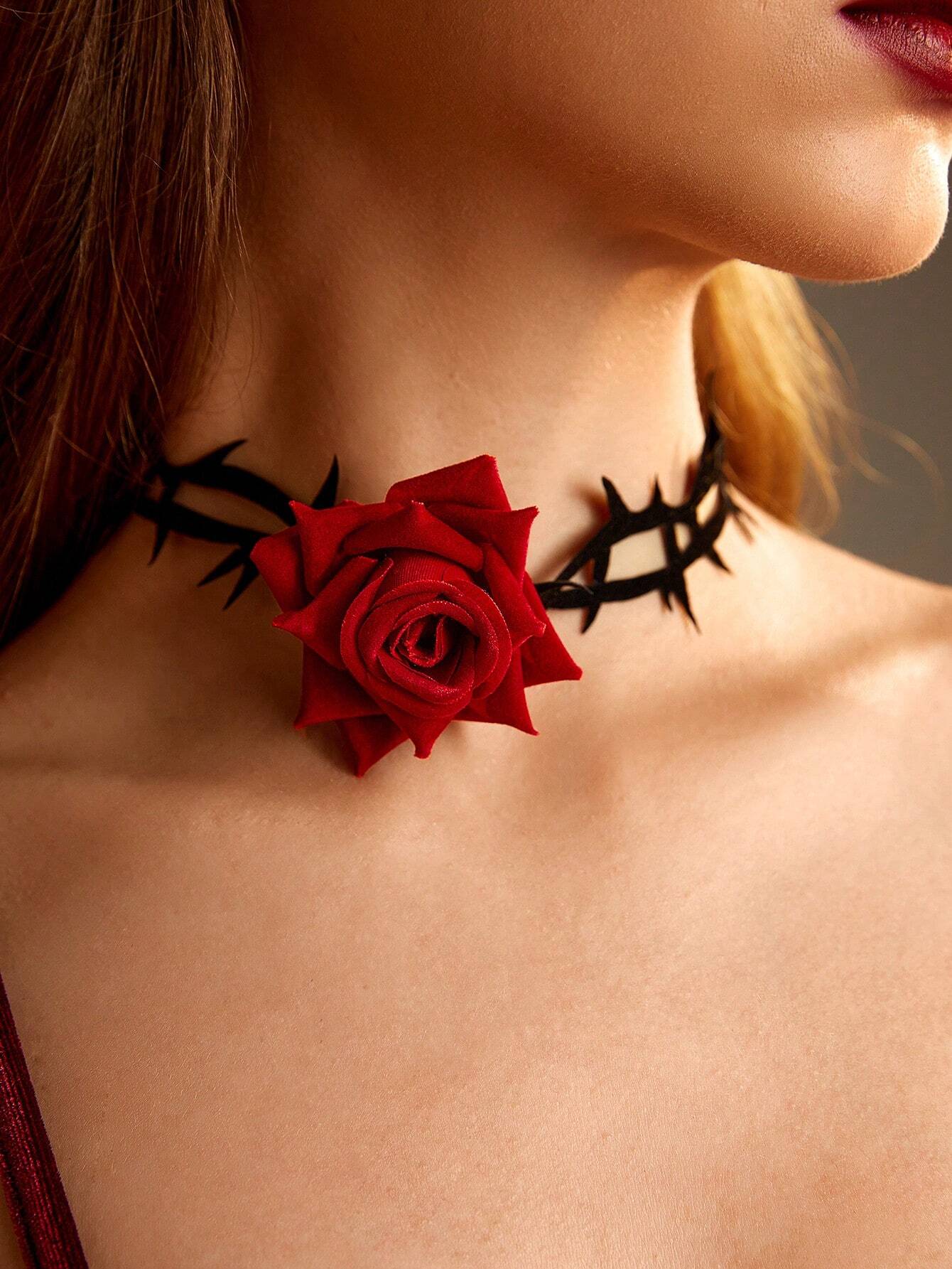 SHEIN MOD Gothic Style Rose Flower Ribbon Necklace