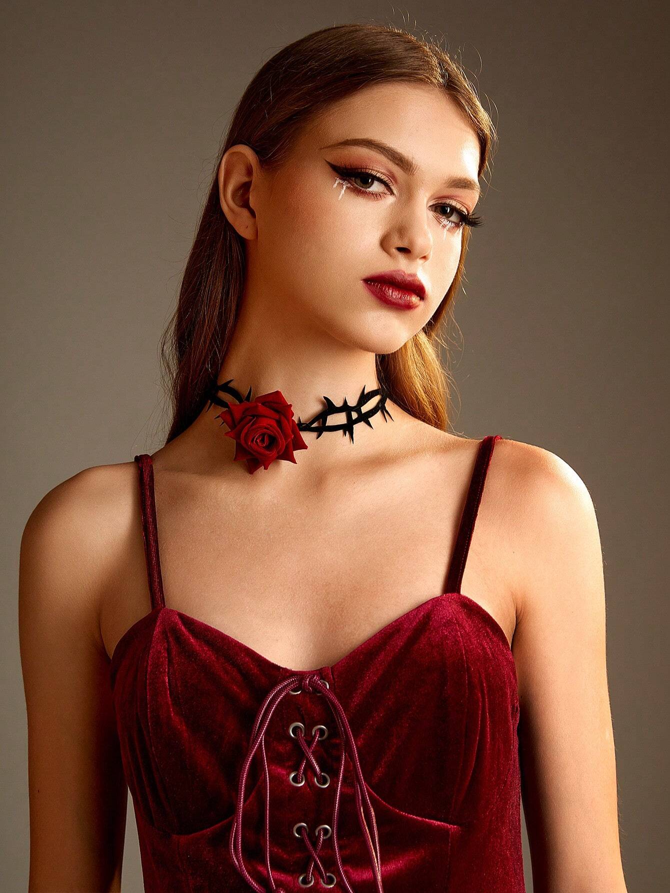 SHEIN MOD Gothic Style Rose Flower Ribbon Necklace - Image 4
